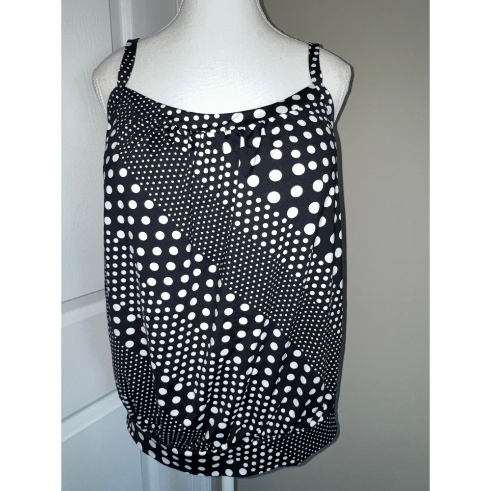 Lands End Womens Black White Polka Dot Blouson Tankini Top Swimsuit Size 12